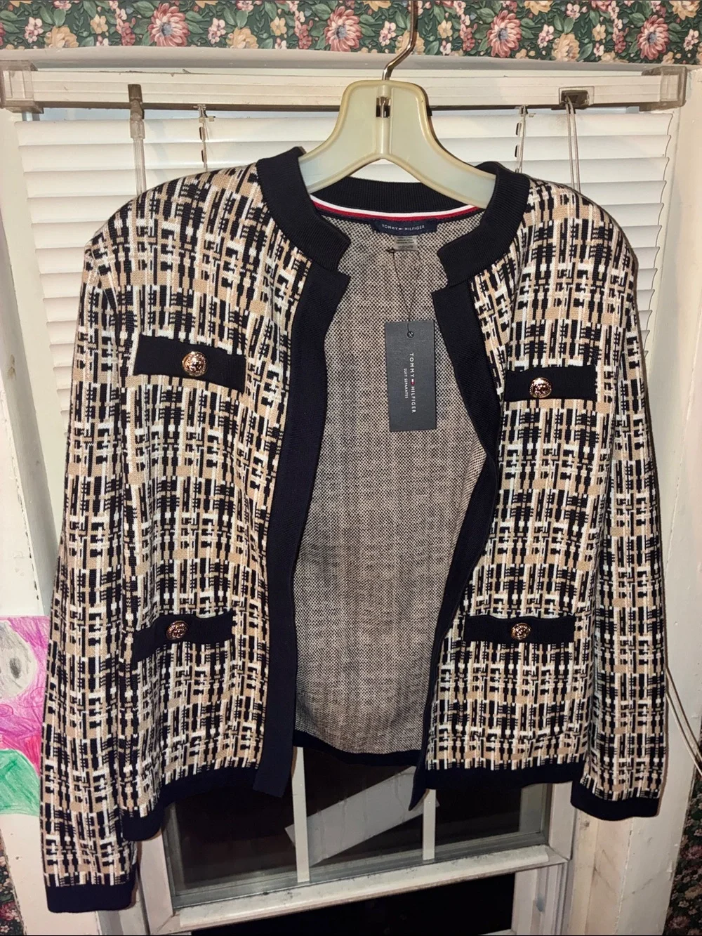 Tommy Hilfiger Navy and Cream Tweed Open-Front Blazer - Picture 1 of 4